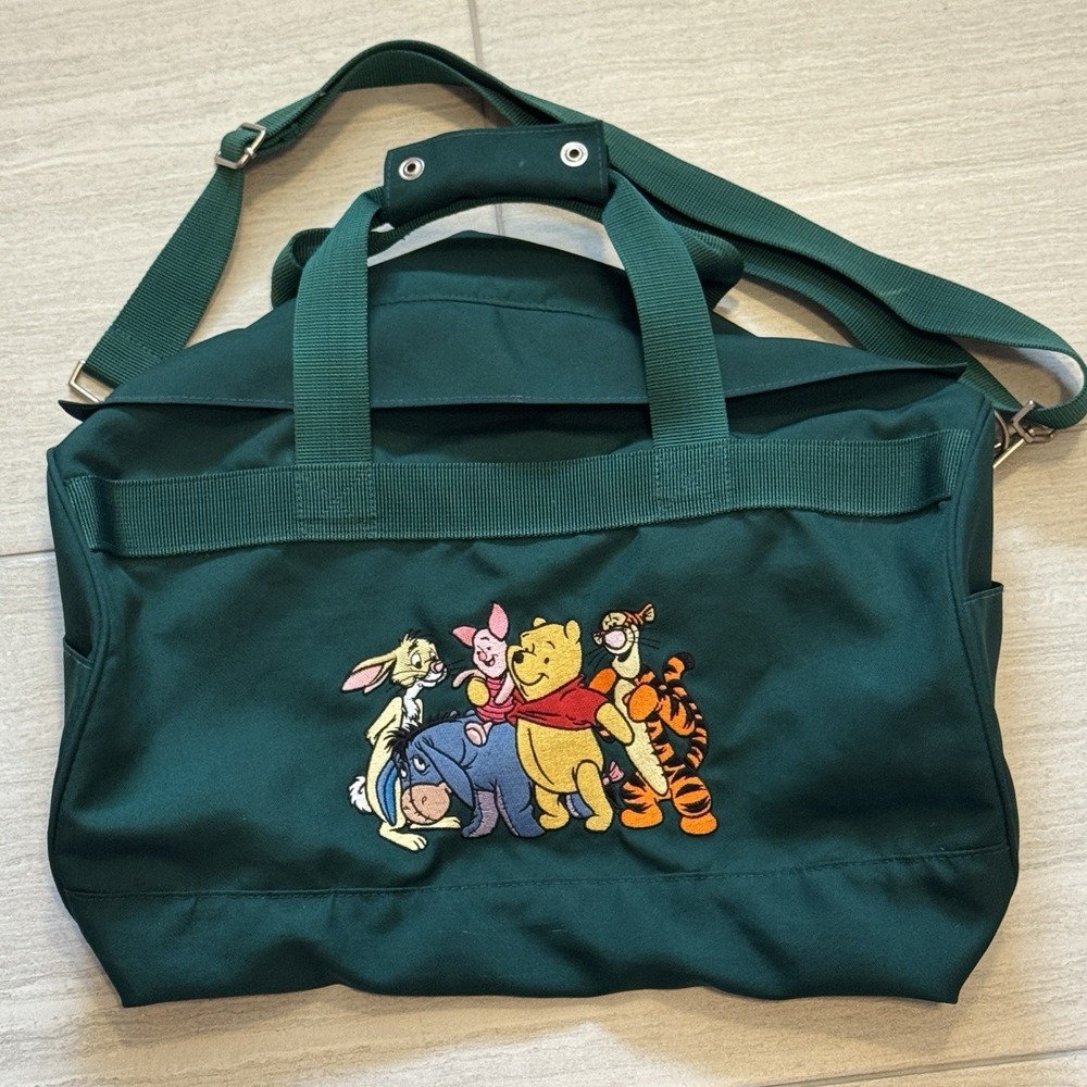 Disney Store Vintage 90s Winnie The Pooh Duffle Bag Dark Green Embroidered EUC